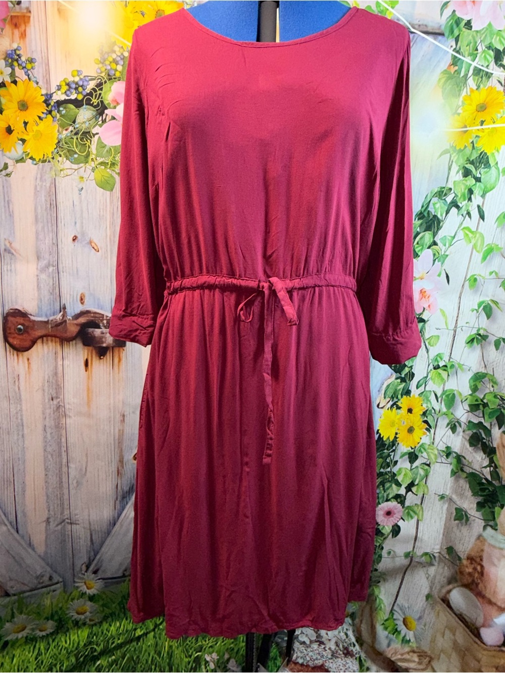 786-Woman Within Wine Drawstring Waist Long Sleeve Dress